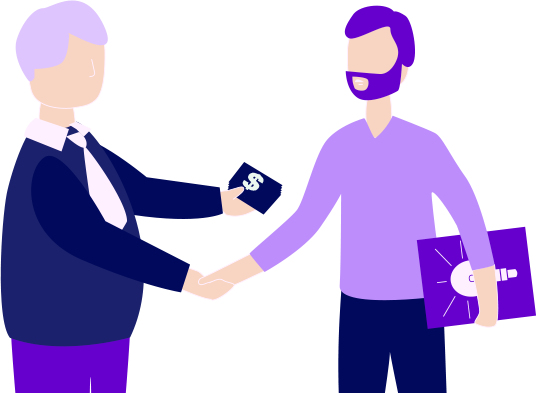 Illustration of one man handing another man money.