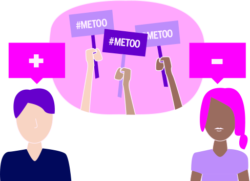 Illustration of man with a plus sign over his head and woman with a minus sign over her head. Between them is a bubble of arms holding signs that say "#MeToo"